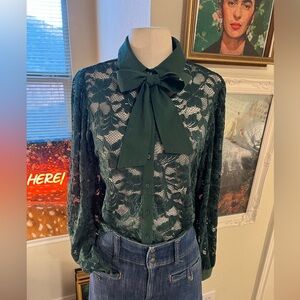 Dolan Anthropologie Elegant Green Lace Bow Blouse size M